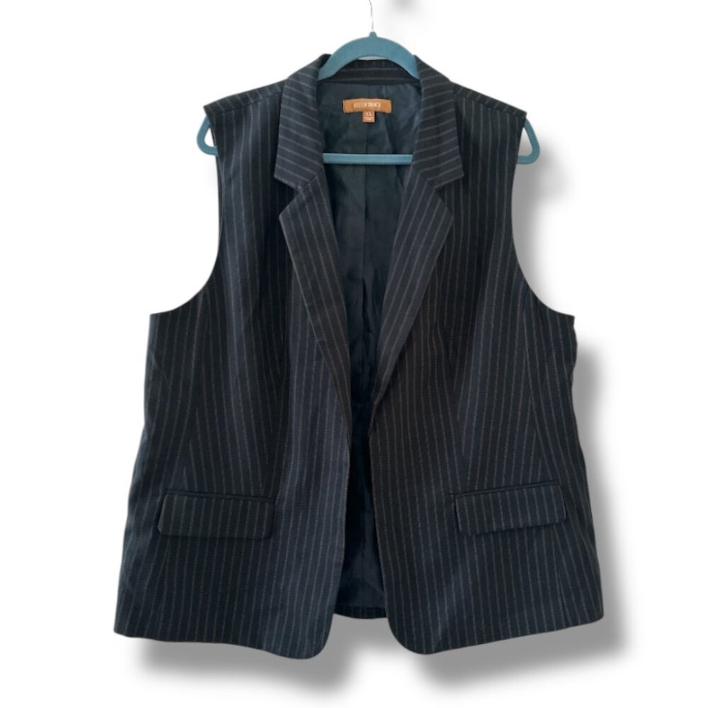 Ellen Tracy Black Pinstripe Vest Women's Size XL Open Front Notch Lapel Office
